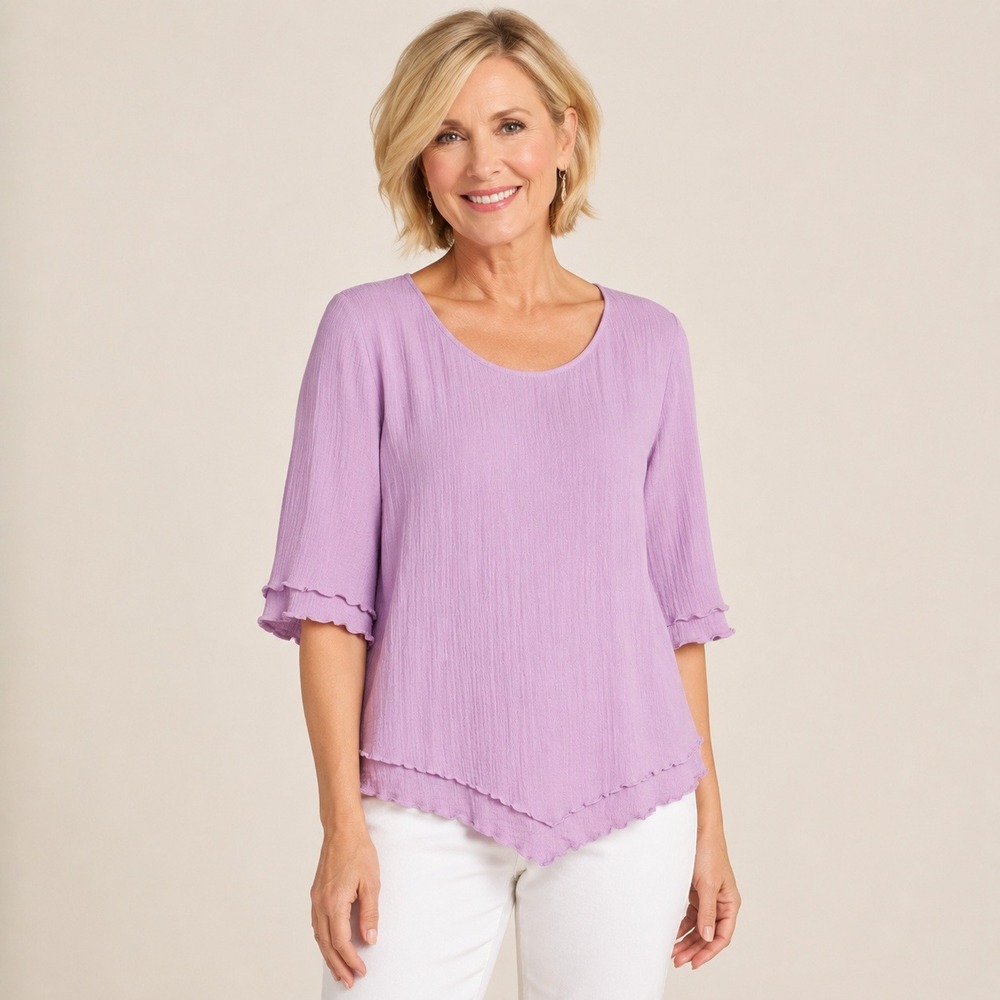Soft Surroundings Womens Top PL Purple Cotton Gauze Ruffle Sharkbite Hem Blouse